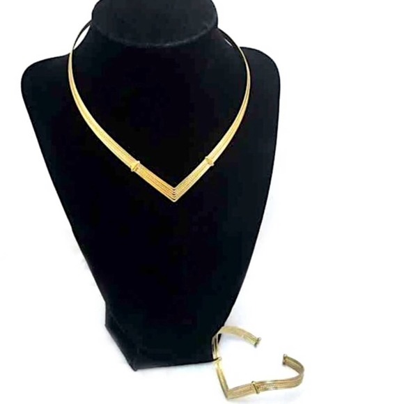 Gold Tone Rigid Torque Necklace & Bracelet Set - Picture 2 of 5